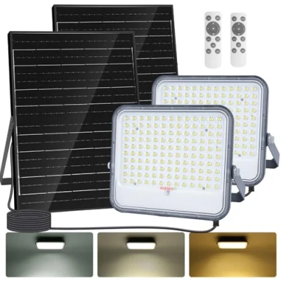 Imagen de Aigostar Foco proyector LED solar con mando a distancia,2 Piezas，16000mAH,gran panel y batería de gran capacidad,regulable 3000/4000/6500K,IP66,cable 2m,Luz para exterior jardín,patio