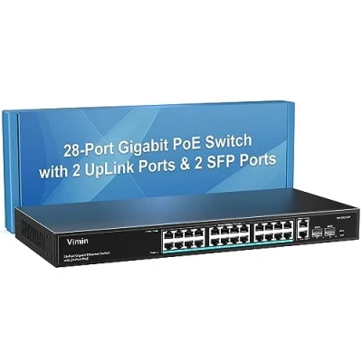 Imagen de VIMIN Switch Gigabit PoE de 24 Puertos sin Gestión con 2 Uplink y SFP, Alimentación 28 320W Alta Potencia, Compatible IEEE802.3af/at, VLAN