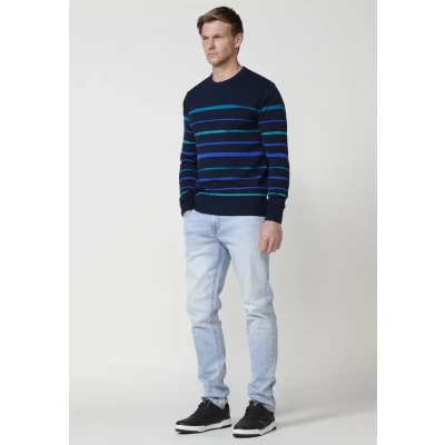 Imagen de Jersey de manga larga Algodón a rayas con Cuello redondo color Navy para Hombre