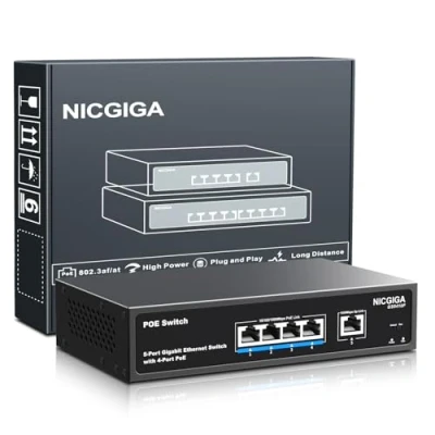 Imagen de conmutador PoE Gigabit de 4 Puertos no administrado con IEEE802.3af/at a 78W, 1 Enlace Ascendente 1000M, alimentación través Ethernet Red NICGIGA 5