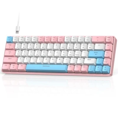 Imagen de Teclado mecánico para juegos 60% mini portátil con retroiluminación RGB compacto de 68 teclas anti fantasma arco iris ergonómico cable USB C impermeable, interruptor rosa/azul