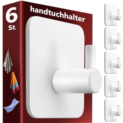 Imagen de Menz Toallero sin taladrar, 6 unidades, color blanco, ganchos adhesivos extrafuertes, inoxidables, ideales como para toallas de baño y cocina, autoadhesivos, incluye almohadillas