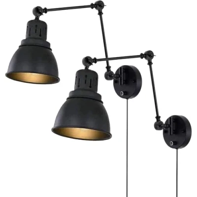 Imagen de Lámpara de Pared Retro con Interruptor y Enchufe, Aplique Ajustable Estilo Industrial E27, Noche Giratoria Negra Retro, Luz para Sala Estar, Dormitorio,2 pack