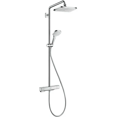Imagen de hansgrohe Croma E sistema de ducha ahorro agua (EcoSmart) con termostato, lluvia (280 x 170 mm), mano (3 tipos chorro), flexo, barra y fija rectangular, cromo, 27660000