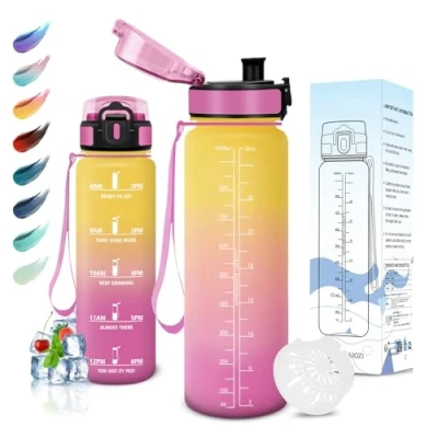 Imagen de Motswedi Botella Agua, 1L sin BPA, de Reutilizable, Cantimplora, con Marcador Tiempo, Agua Gimnasio, para Niños, Deporte, Running, Bicicleta, Amarillo Rosa
