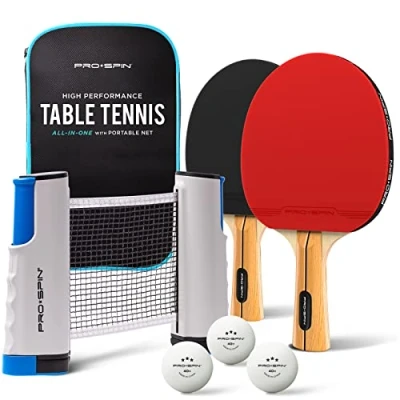 Imagen de PRO SPIN Set de Ping Pong Portátil Kit Premium con Red Retráctil para Cualquier Mesa, Palas, Pelotas 3 Estrellas y Caja Almacenamiento Regalo Ideal Interior/Exterior