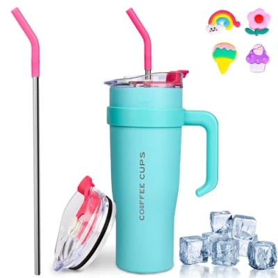 Imagen de Euakee 40oz Taza Termica, 1200mL de Café con Tapa para Coche, Termo Acero Inoxidable, Viaje Antifugas y Cepillo Pajita Sin BPA Regalos Mujer Hombre (Azul)
