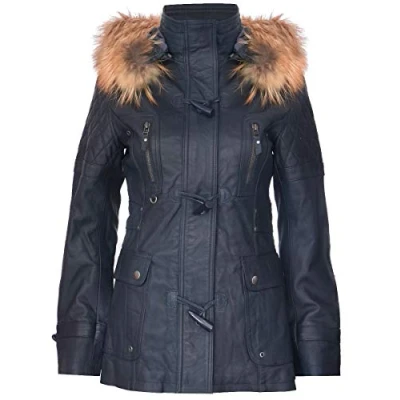 Imagen de Infinity Leather Chaqueta Parka de Cuero Acolchada Azul Marino para Mujer con Capucha Desmontable 3XL