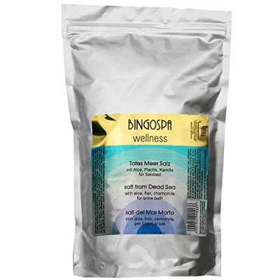 Imagen de BINGOSPA Wellness Sal de baño del Mar Muerto con aloe, lino y extracto manzanilla para infecciones la piel, psoriasis, acné, estrés, sudoración, dolor muscular 1000 g