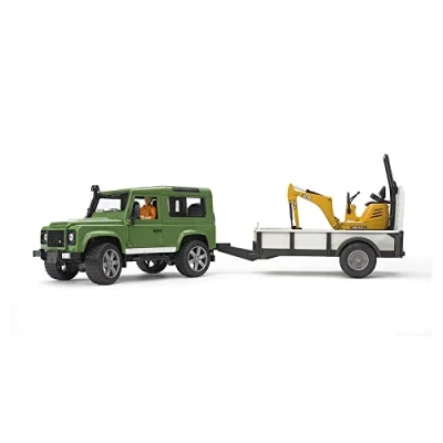 Imagen de Bruder 2593 Land Rover Defender with One Axle Trailer, JCB Micro Excavator and Worker