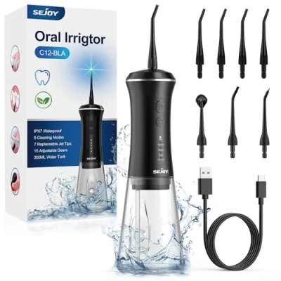 Imagen de Sejoy irrigador dental inalámbrico recargable, púas de hilo para limpieza dientes y dental, bucal niños, 5 modos, 7 puntas chorro, IPX7 impermeable, viajes