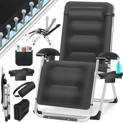 Imagen de KESSER® Tumbona Plegable XXL, Resistente a la Intemperie, Capacidad de Carga 200kg, Tapizado Ergonómico, Respaldo Ajustable, Cojín Cervical, Portavasos y para Brazos, Basic Negro