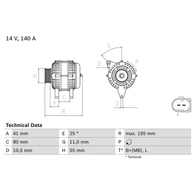 Imagen de BOSCH 0 986 046 210 Alternador 14V 140A FIAT: Ducato II Furgón, III Camión de plataforma/Chasis, IVECO: DAILY 3 Kasten/Kombi