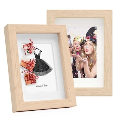 Imagen de PHOTOLINI 3D Marcos de Fotos 13x18 cm para Rellenar, Natural, 2 Piezas Marco con Profundidad Objetos hasta 1,5 cm, Madera MDF paspartú y Cristal Manualidades como Regalo