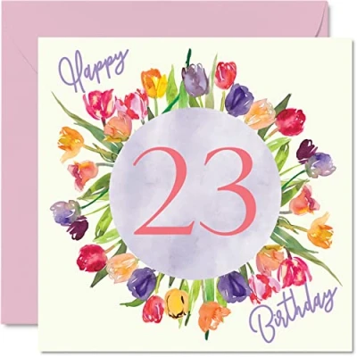 Imagen de Hermosas tarjetas de cumpleaños 23 para mujer, ramo flores tulipanes acuarela, tarjeta feliz ella, hija, tía, hermana, amiga, regalos cumpleaños, 145 mm x mm, bonitas felicitación florales