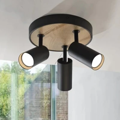 Imagen de ouglres Faro de Techo 3 Llamas,Luz Madera Negro,Girando La Luz Del Diseño Focos,Focos Redondo Para Cocina, Sala Estar, Dormitorio, Comedor, Habitaciones, Gu10