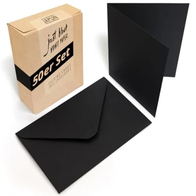 Imagen de Japun Juego de 50 tarjetas plegables et sobres, para diseñar, etiquetar o imprimir DIN A6 / C6 negro