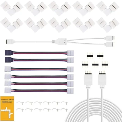 Imagen de REDTRON Conector de tira LED RGB 10mm que incluye 10x conectores en forma L, Cable divisor 2 vías, 4x puentes tiras[Clase eficiencia energética A]