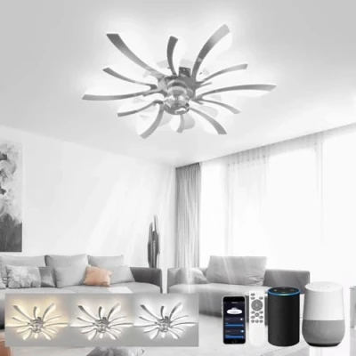 Imagen de LJX Lampara Ventilador 78cm de Techo con Luz LED Compatible Alexa y Google Assistant Temporizador Silencioso Reversible 6 Velocidades para Dormitorio Salón, Cromo