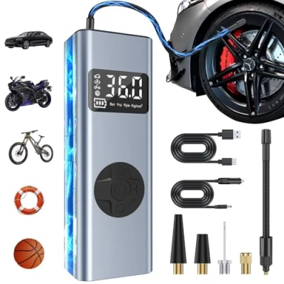 Imagen de compresor de Aire portátil, HYCHIKA 150PSI Coche con batería Recargable 6000 mAh luz LED y Banco energía Mini portátil para Auto Bicicleta Moto Pelota