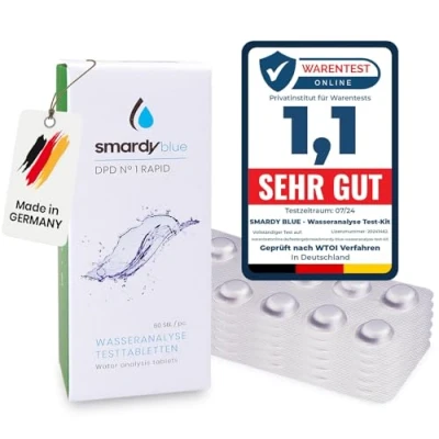 Imagen de smardy 60 Pastillas de Prueba Agua Rápida DPD1 (Cloro libre), Calidad del Test, Comprobador Cloro para Piscina, Whirlpool, Acuario y Potable