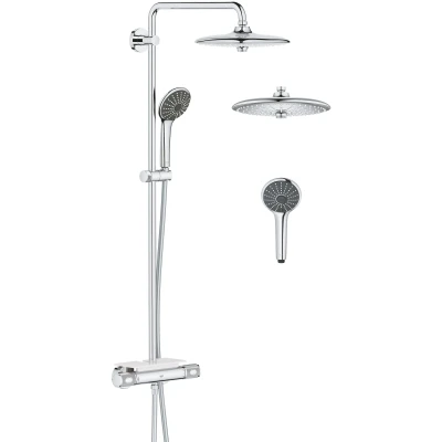 Imagen de GROHE QuickFix Vitalio Joy 260, Sistema ducha termostática con bandeja, mural 26 cm, teleducha 11 cm y 3 chorros, flexo 1.75 m, instalación QuickSpanner incluída, cromo, 26403002