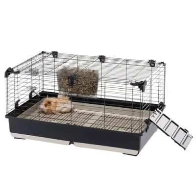 Imagen de Ferplast Jaula Conejo Tommy 80, Conejos, Cobayas, Mascotas, Jaulas para Conejera con Rejilla y Bebedero 82 x 51 h 44 cm, Techo Abrible, en Metal Pintado Plástico