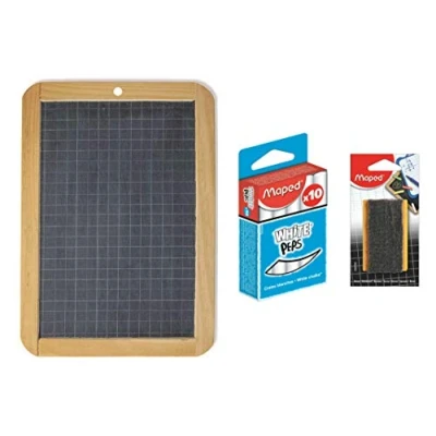 Imagen de Maped Kit de pizarra negra piedra, 260 x 182 mm, cepillo pequeño esponja madera y fieltro + 1 caja 10 tizas blancas