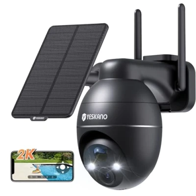 Imagen de YESKANO Camara Vigilancia WiFi Exterior Solar, 2K Cámaras de sin Cables, 360 PTZ,visión Nocturna Color,2.4 GHz Wi Fi, Detección IA, PIR Sirena,IP66 (Negro)