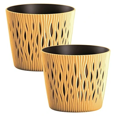 Imagen de 2x Maceta redonda de plastico Sandy Round en color mostaza 18,9 (largo) x (ancho) 16,5 (alto) cm