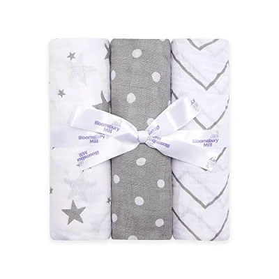 Imagen de Bloomsbury Mill Mantas de Muselina 100% Algodón Puro Estampado Estrellas, Espiga y Lunares Gris Blanco 120 cm x Juego 3
