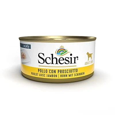 Imagen de Schesir, Comida húmeda para Perros Adultos, Sabor Pollo con jamón en gelatina Blanda Total 2,7 kg (18 latas x 150 gr)