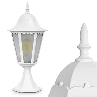Imagen de lámpara de exterior Hongkong Frost, con base aspecto antiguo, aluminio fundido en blanco cristales esmerilados, luz camino 49 cm, jardín retro, E27, IP44, sin bombilla(s)