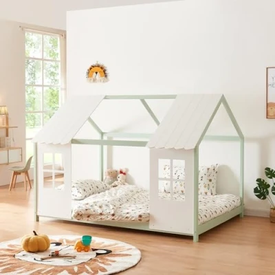 Imagen de [en.casa] Cama Infantil Tostedt para Niños y Niñas en Forma de Casa con Ventanas Techo Somier máx. 200 kg Montessori 140 x cm Madera Pino Verde Menta/Blanco