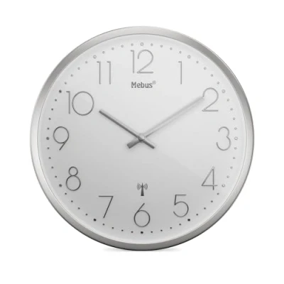 Imagen de Mebus Reloj de Pared inalámbrico TinyTime sin Ruido tictac Diámetro 25 cm Esfera Moderna en Blanco Caja Plateada