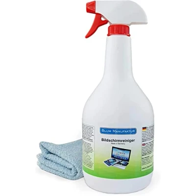 Imagen de Blum 1000ml Limpiador de Pantalla + paño Microfibra 30x30 cm. Limpieza Todas Las Pantallas y displays. sin Rayas estrías.