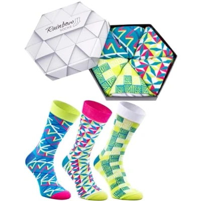 Imagen de Rainbow Socks Mujer Hombre Regalo Caja de Calcetines Geométricos 3 Pares Turquoise Rosa Amarillos Talla 41 46