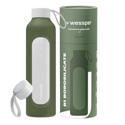 Imagen de Wessper botella de cristal 1 L con marcas tiempo, sin BPA, motivación para beber, agua borosilicato, hermética tapa bambú, reutilizable, funda silicona, color verde