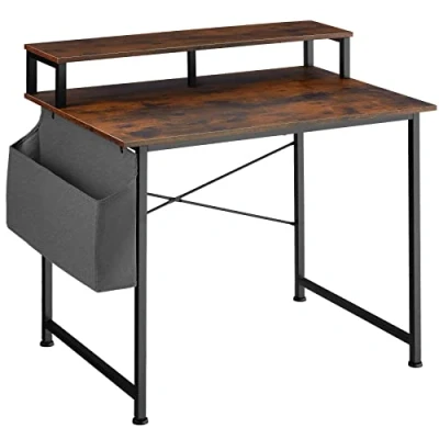 Imagen de TecTake Mesa de Escritorio con Estante y Bolsa Tela, Mueble habitación Estudio, mobiliario despacho, para Oficina (120 cm, Madera Industrial Oscura)