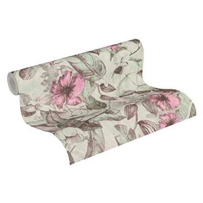Imagen de Papel pintado De Flores Greenery A.S. Création tejido no 10.05 m x 0.53 Rosa Verde Marrón Fabricado en Alemania 372164 37216 4