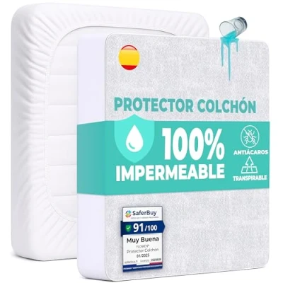 Imagen de Protector Colchón 140x200 cm Funda Impermeable Sábana Bajera de Algodón y Microfibra Cubre para Cama Transpirable Cover Hipoalergénico Antiácaros Lavable a Máquina