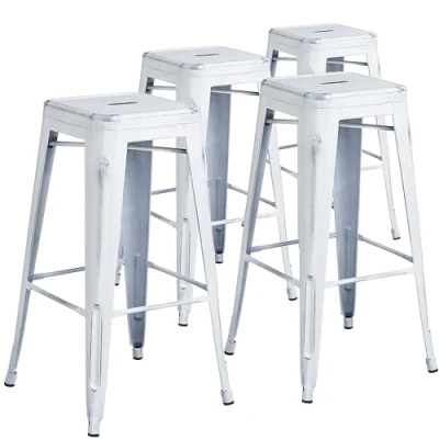 Imagen de Flash Furniture Taburete de Bar Kai Calidad Comercial, Paquete 4, 30 Pulgadas Alto, sin Respaldo, Metal Blanco Envejecido para Interiores y Exteriores