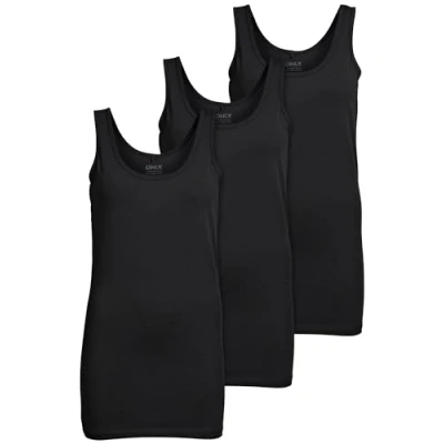 Imagen de ONLY 15201465 Paquete de 3 camisetas básicas sin mangas para mujer, color blanco, negro, gris, azul y crema, camiseta larga verano, Negro (Black), M
