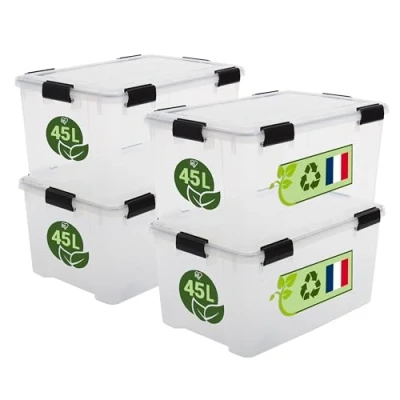 Imagen de Iris Ohyama, Caja de Almacenamiento Hermética Plástica, 45L, Lote 4, Transparente, Tapa, Junta Impermeable, Clips Cierre, Apilable, para Exterior, Garaje, Ropa, Antipolvo, WSB 45