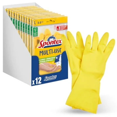Imagen de Spontex Multiuso, 12 pares de guantes para el hogar con protección contra la frescura y látex natural FSC, interior flocado algodón, talla L (12 x 1 par)