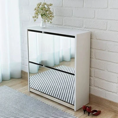 Imagen de junzai Mueble Zapatero Blanco 2 Compartimentos con Espejo, Entrada Recibidor, Estrecho, Armario Zapatero, 63x17x67 cm