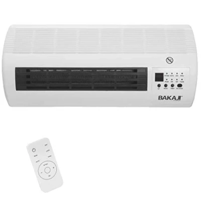 Imagen de BAKAJI Calefactor cerámico eléctrico de pared, montaje en con mando a distancia, 2 niveles potencia seleccionables, 1000 W/2000 W, pantalla LED y función temporizador.