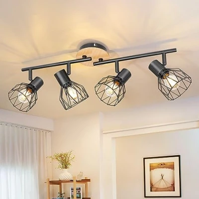 Imagen de Kimjo Lámparas de Techo LED Orientables Lampara Focos Negro E14 Lámpara Salon Madera 4 Interior Foco Pared para el Dormitorio No Bombillas