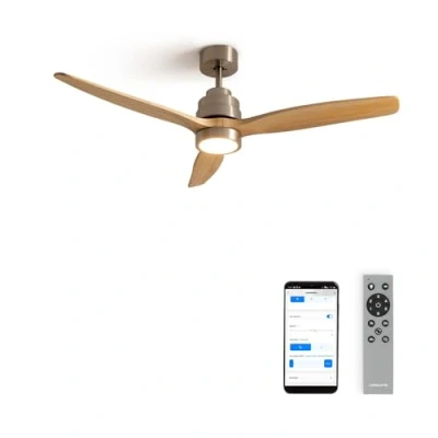 Imagen de CREATE / WINDSTYLANCE DC/Ventilador de techo con luz níquel aspas madera oscura Wifi y mando 40W, Silencioso, Ø132 cm, 6 velocidades, temporizador, verano invierno, doble altura, motor DC