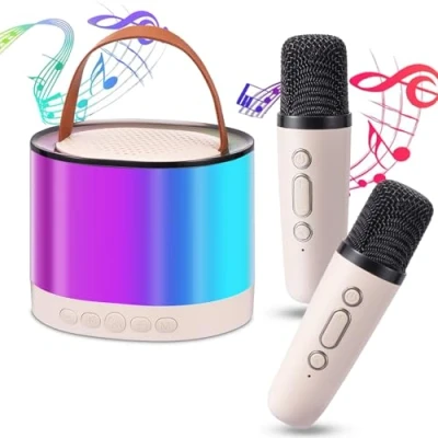 Imagen de Karaoke 2 Microfonos Niños Inalambricos Infantil Microfono con 4 Efectos de Sonido Variables y Luces Led Juguetes Regalos para Niñas Niños(Beige)
